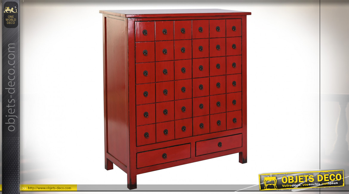 Buffet en bois d'orme finition rouge coquelicot, esprit meuble de métier Japonais, 120cm