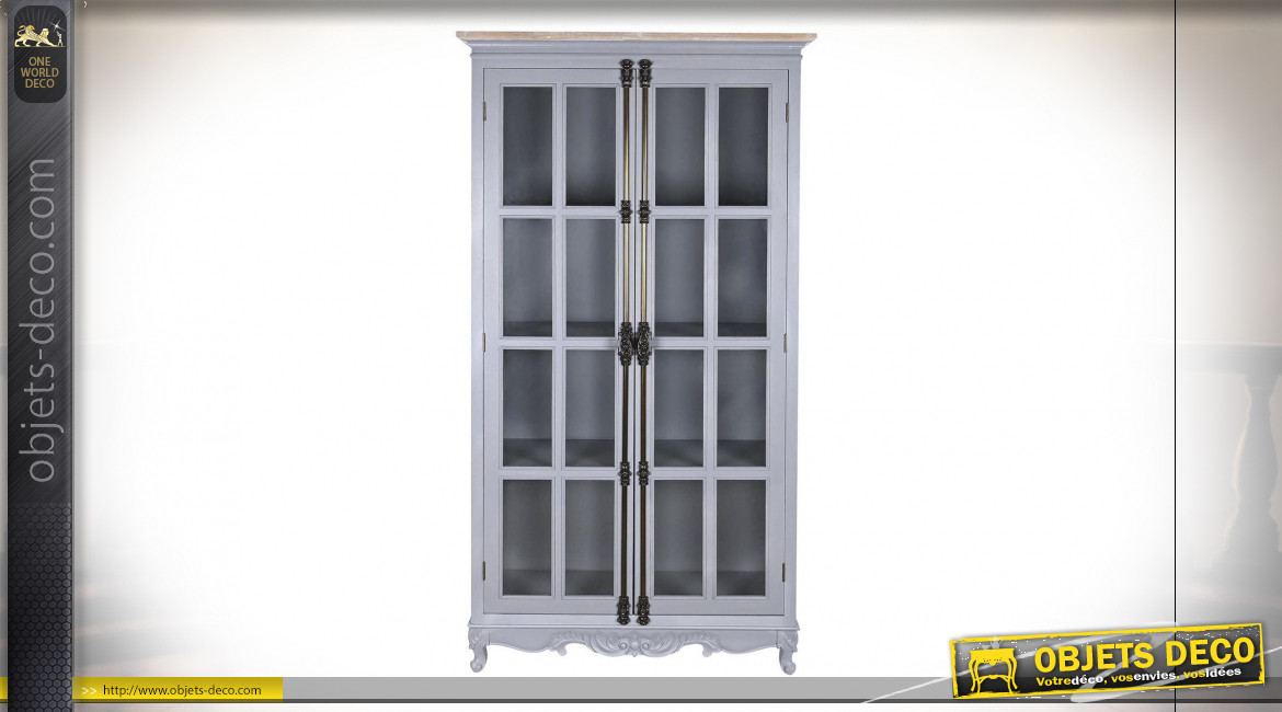 Grande vitrine en bois finition gris pinchard, deux portes à crémones ambiance classique, 193cm