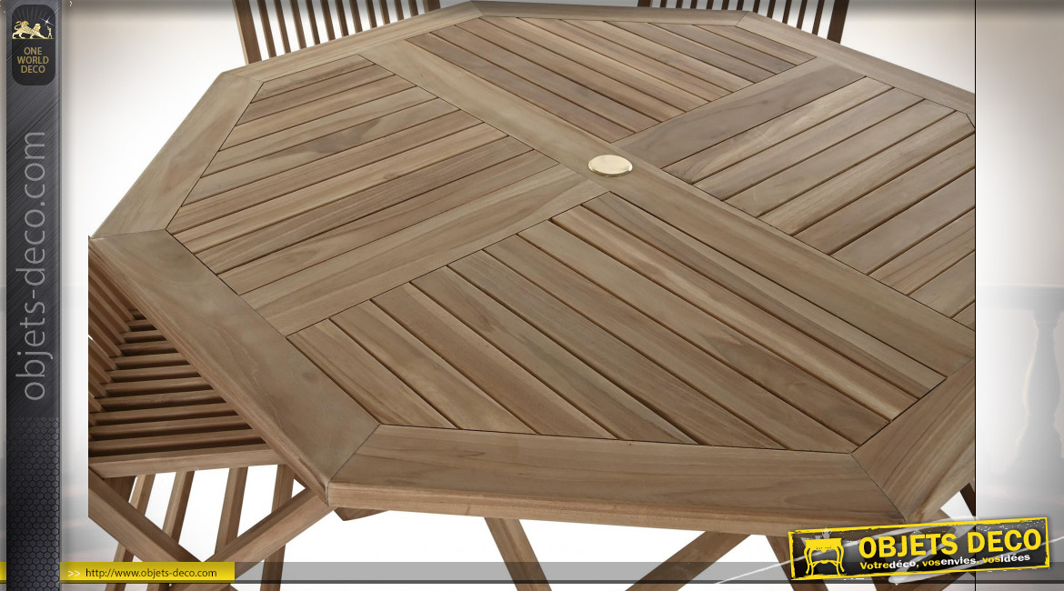 Salon de jardin 6 places en bois de teck finition naturelle, Ø120cm