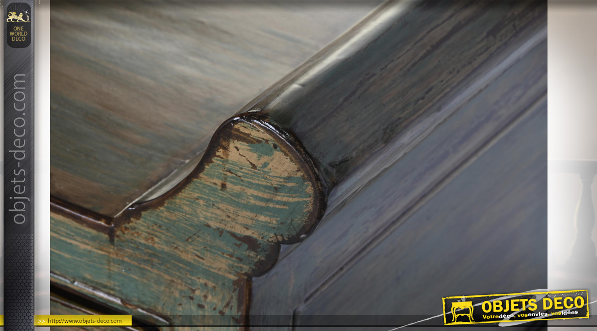 Bout de lit en bois d'orme sculpté effet vieilli, ambiance asiatique 179cm