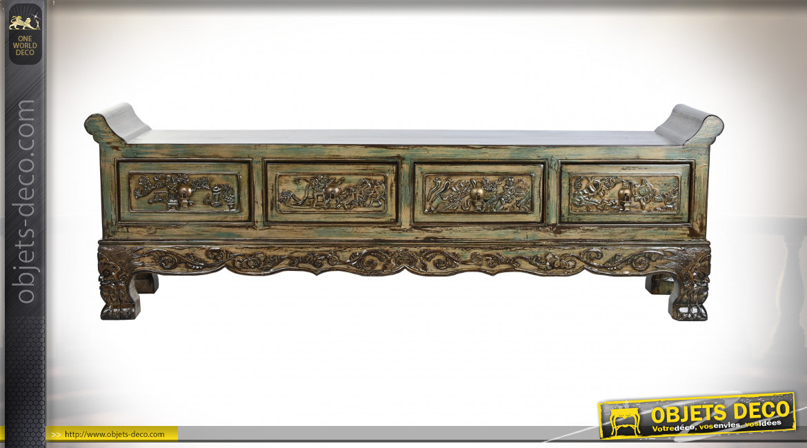 Bout de lit en bois d'orme sculpté effet vieilli, ambiance asiatique 179cm