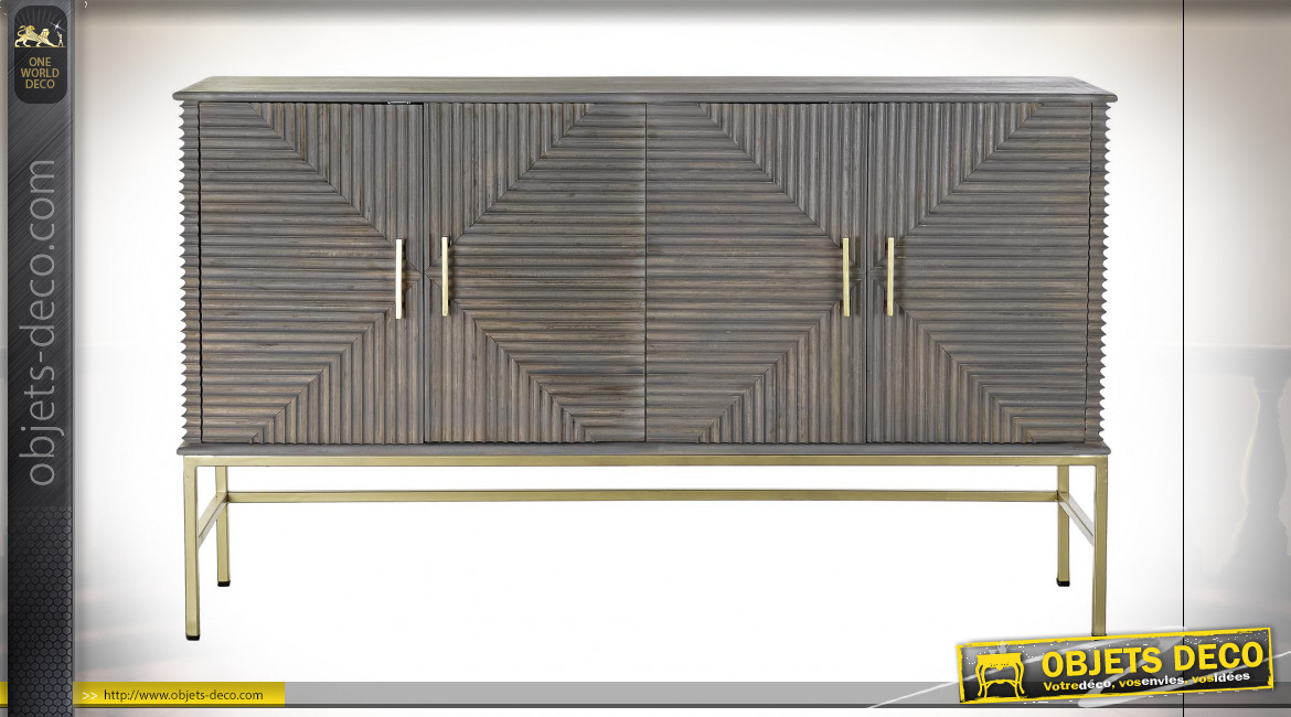 Buffet 4 portes en bois de manguier gris acier, pieds en métal finition laiton ambiance moderne