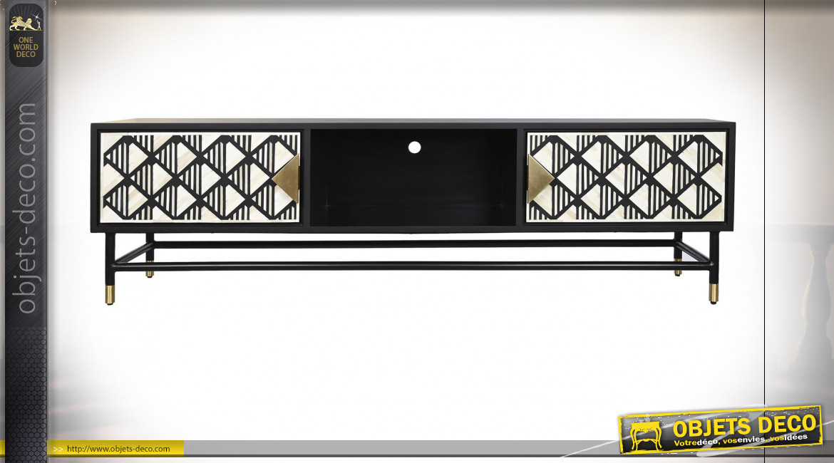 Meuble TV en bois finition noir ébène et formes géométriques ambiance moderne, 170cm