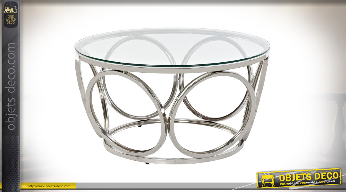 Table basse ronde en métal de style moderne, finition chromé argent, Ø60cm