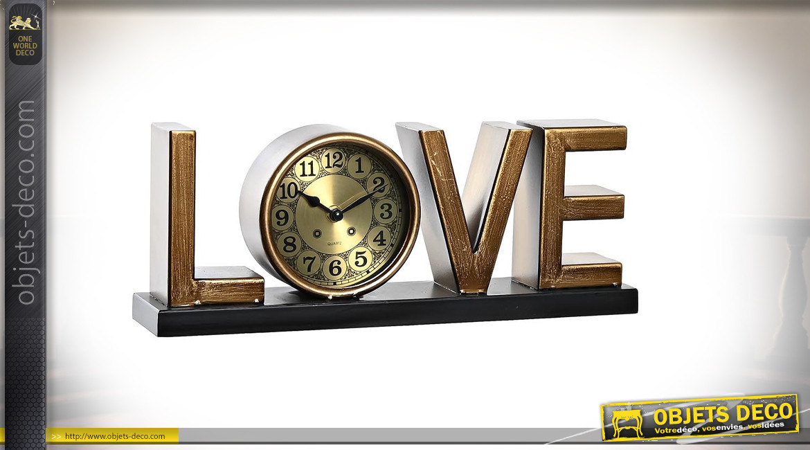 Horloge de table en résine effet vieux laiton, LOVE, 39cm