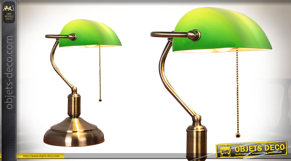 Lampe de banquier en métal, opaline verte, style lampe américaine, 38cm