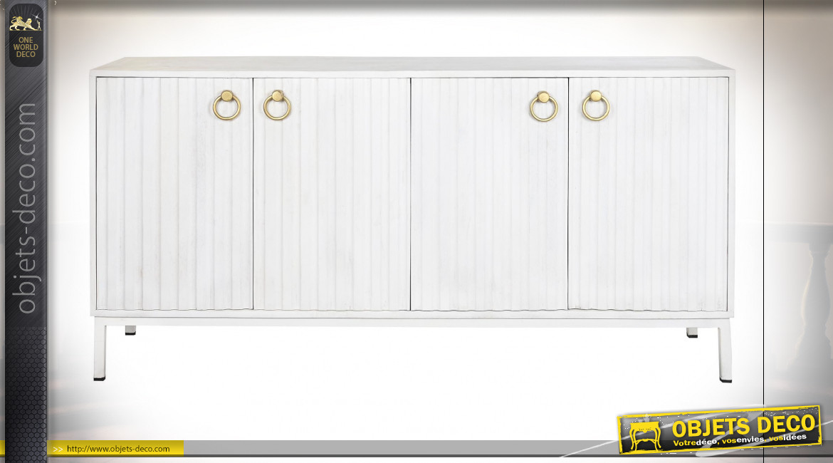 Buffet 4 portes en bois de manguier finition blanc et poignées dorées ambiance moderne, 152cm