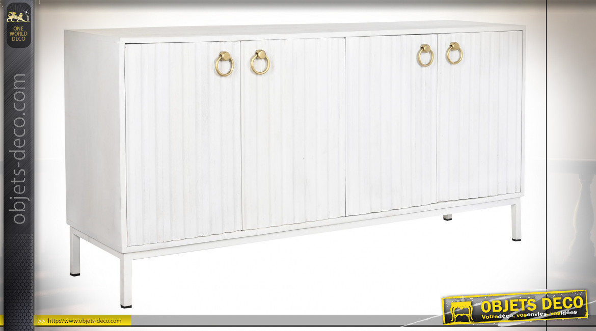 Buffet 4 portes en bois de manguier finition blanc et poignées dorées ambiance moderne, 152cm