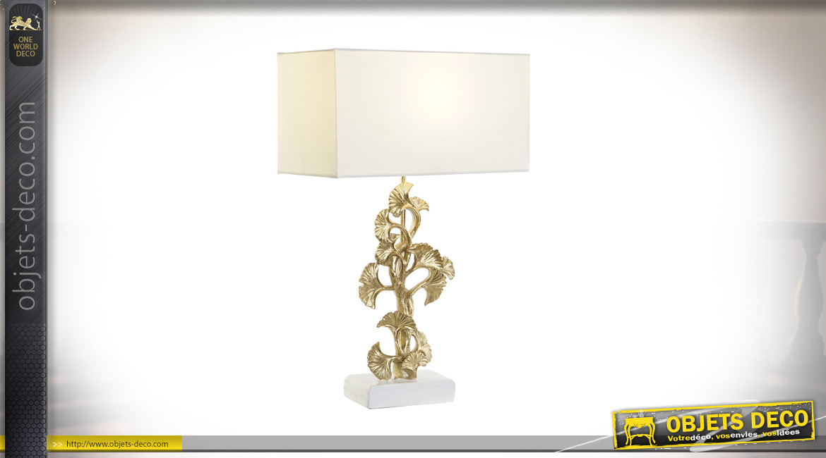 Lampe de table en résine avec ornementations de feuilles de Ginkgo finition blanc et or