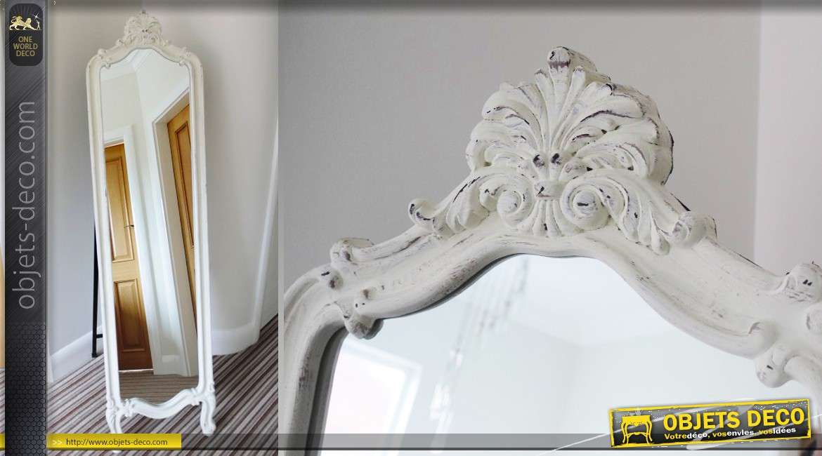 Miroir psyché de style baroque finition blanche vieillie 160 cm