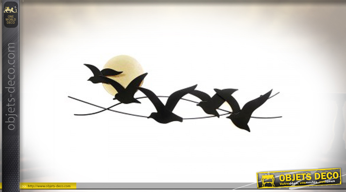 Décoration murale d'oiseaux en métal finition noir charbon et doré, 90cm
