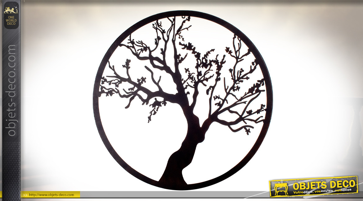Disque mural en métal finition noir charbon avec représentation d'arbre au printemps 80cm
