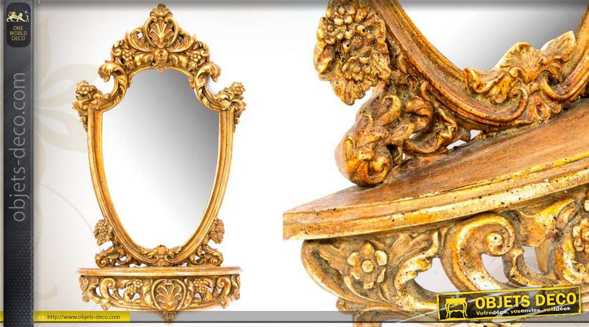 Miroir sellette murale baroque dorée à l'ancienne 60 cm