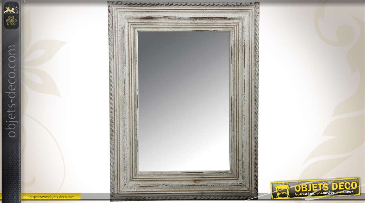 Miroir en bois blanc vieilli patine gris à l'ancienne 81 cm