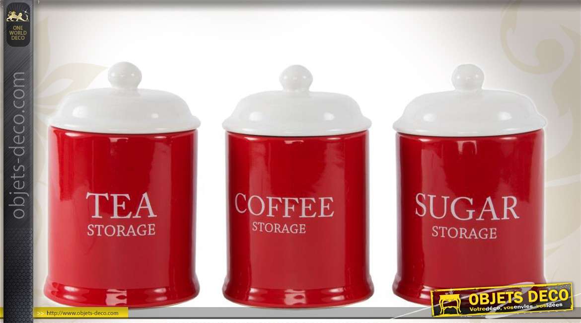 Trois pots décoratifs en céramique brillante : thé, café, sucre