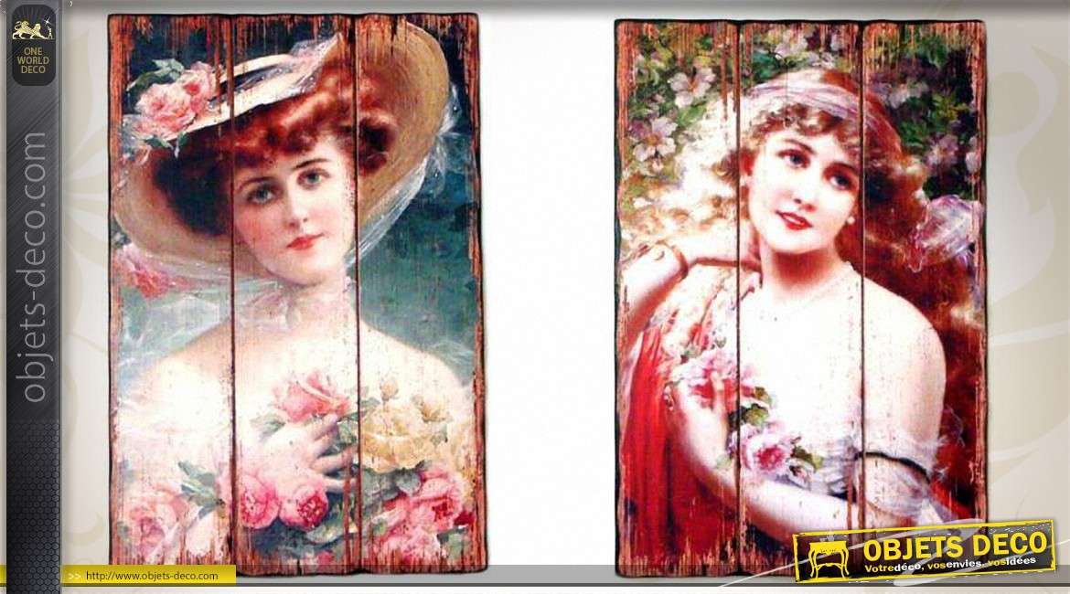 4 tableaux sur bois divas romantiques années 20 en 60 x 40 cm