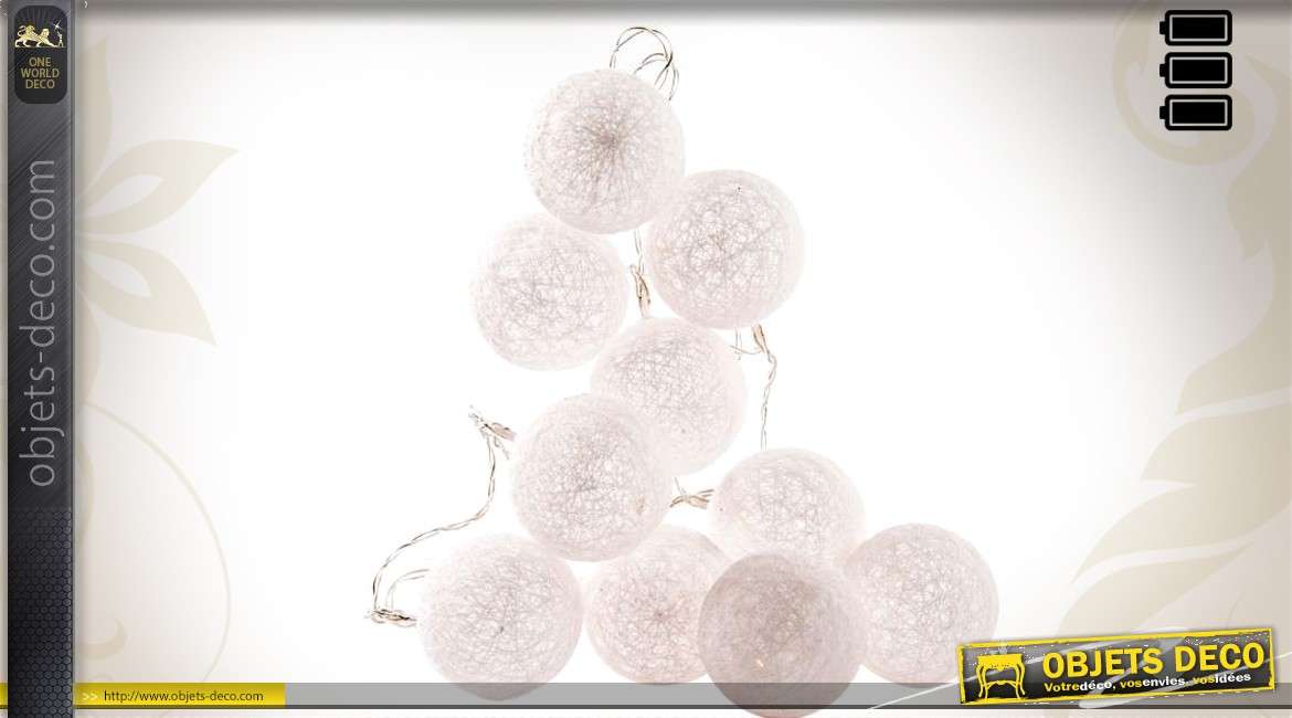 Guirlande 10 boules blanches en coton éclairage LED 150 cm Ø 6 cm