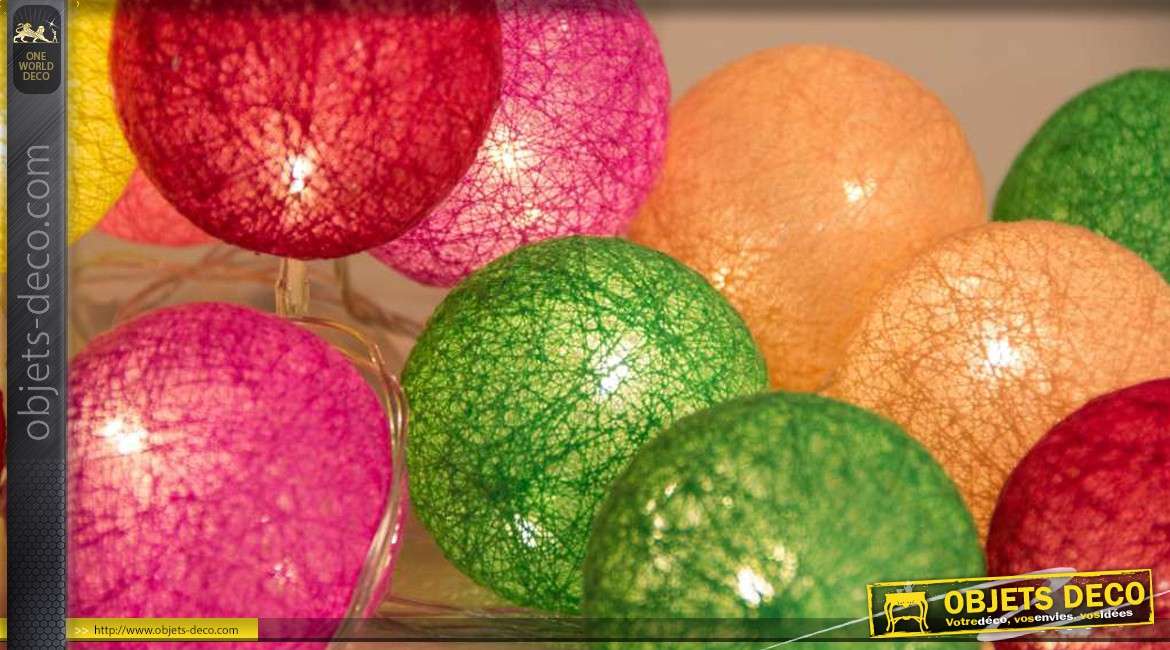 Guirlande 20 boules multicolores coton éclair. LED 150 cm Ø 6 cm