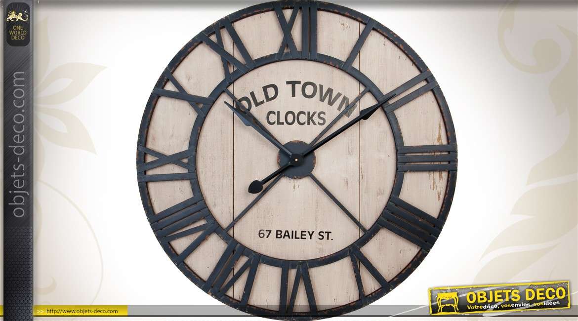 Horloge géante en bois et métal style fer forgé noir Ø 90 cm