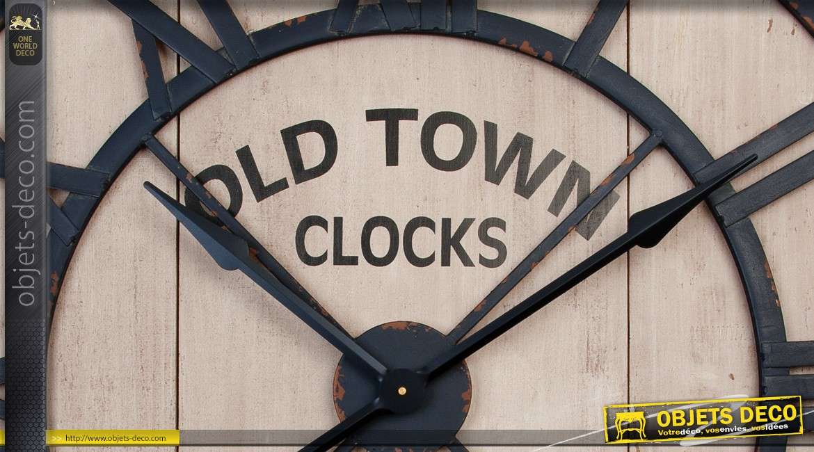 Horloge géante en bois et métal style fer forgé noir Ø 90 cm
