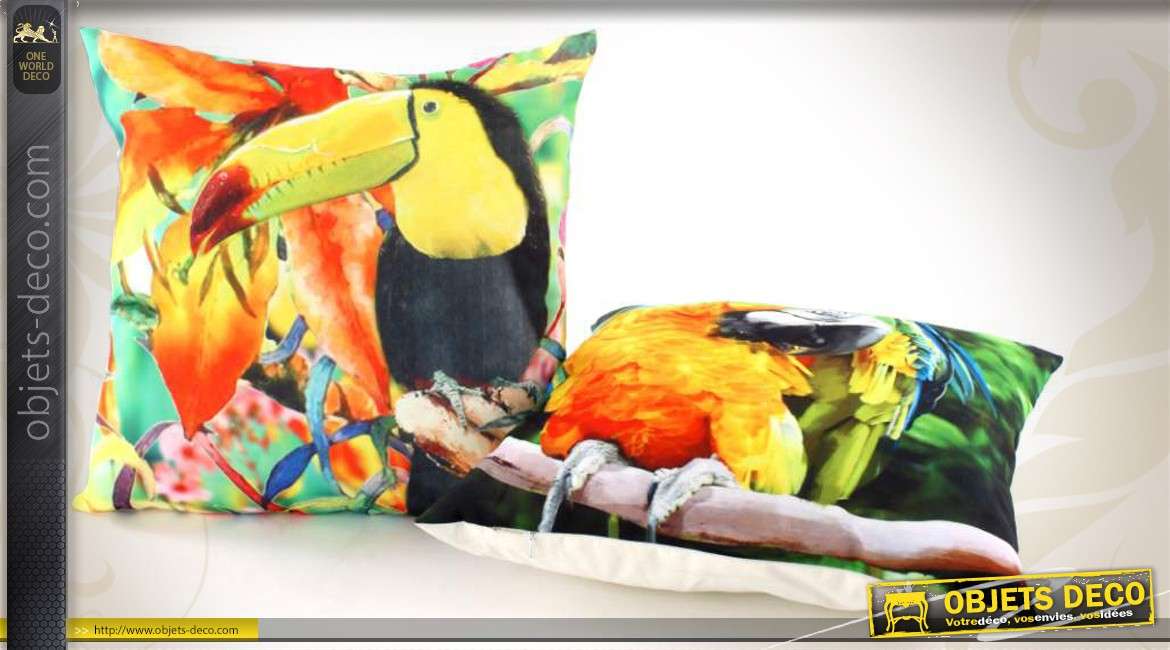 2 coussins complets 45 x 45 cm motifs perroquet et toucan