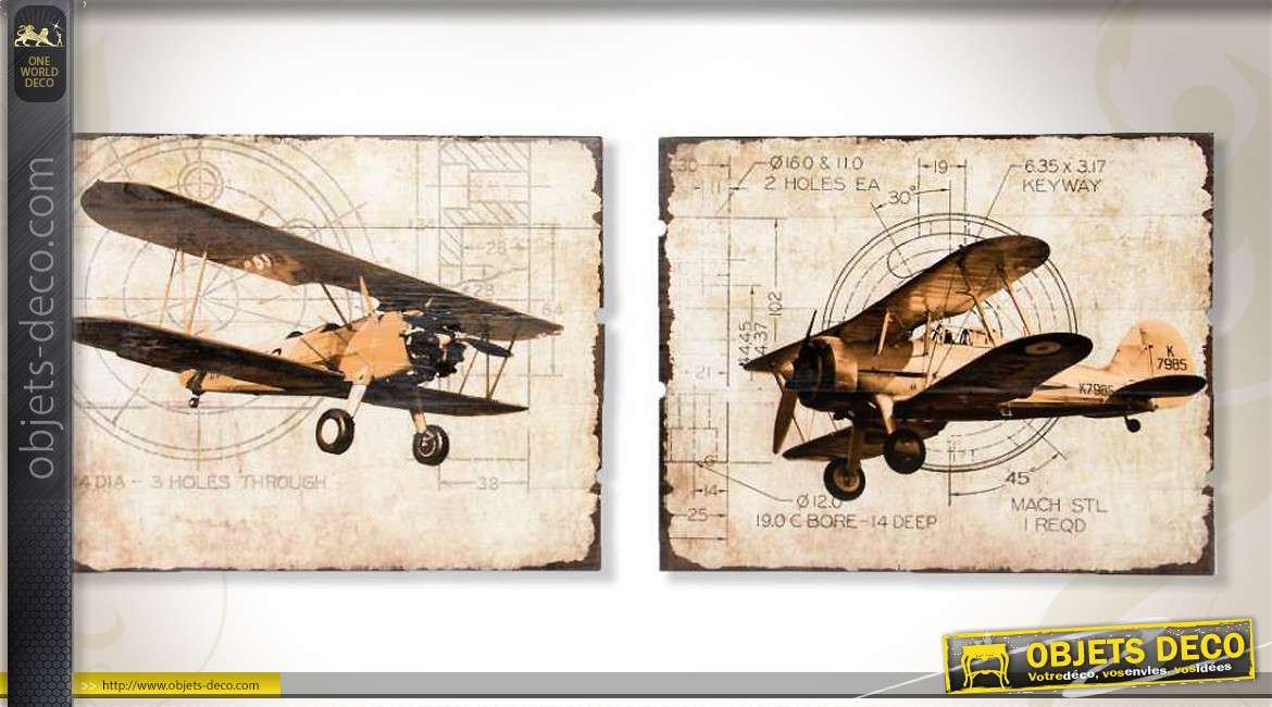 Tableaux sur bois effet vieilli d'anciens avions biplans 50 x 40 cm