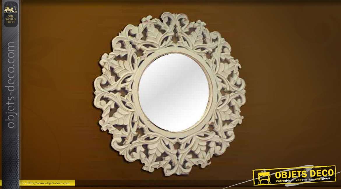 Miroir rond style ancien bois coloris beige antique Ø 60 cm