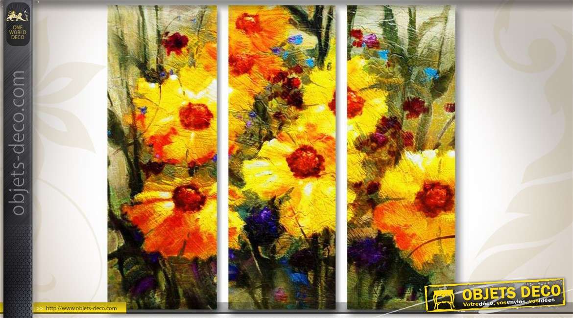 Triptyque 120 x 40 cm : tableaux de fleurs jaunes et rouges