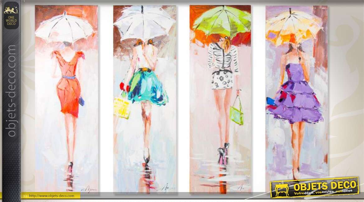 4 tableaux sur toiles 120 x 40 : jeunes filles aux parapluies