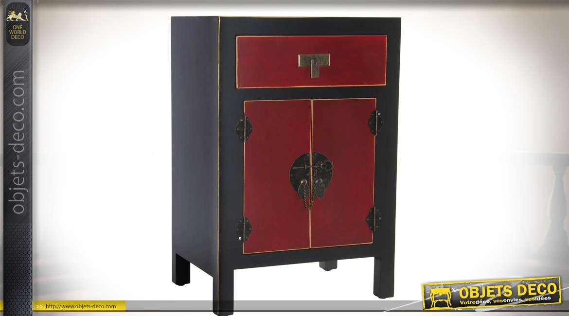 Table de chevet noir et rouge de style japonais avec une niche et un tiroir