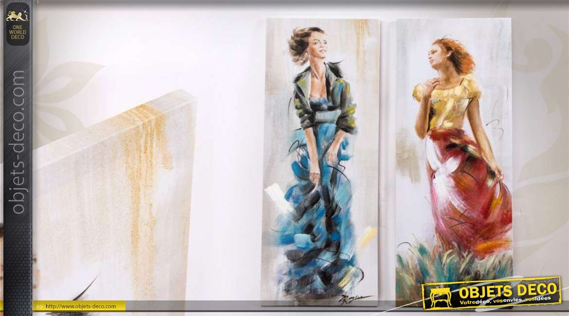 Série de 2 tableaux 100 cm : jeunes femmes en robes colorées