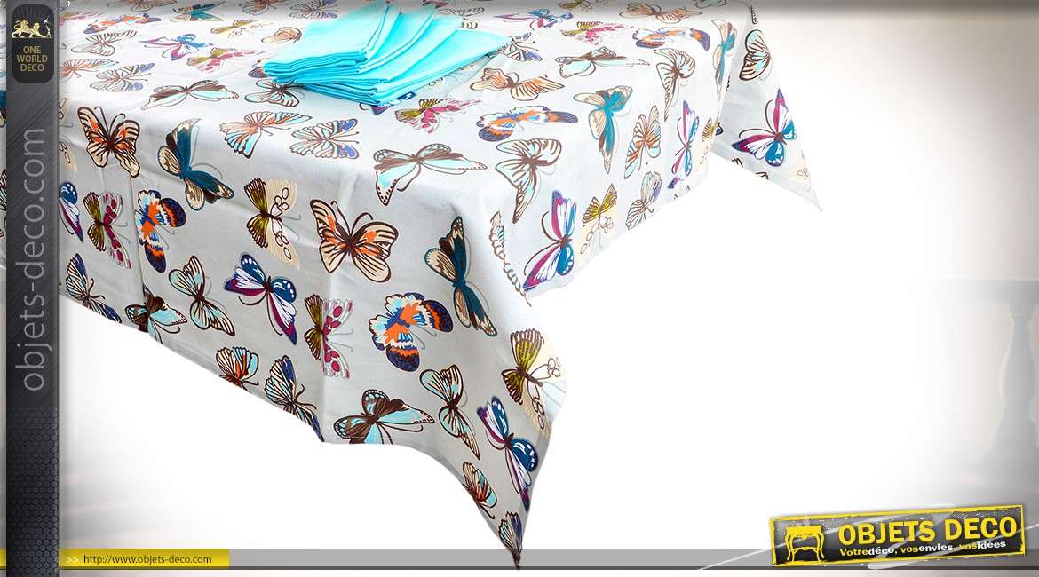 Nappe carrée 150 x 150 avec 4 serviettes, en coton motifs papillons multicolores