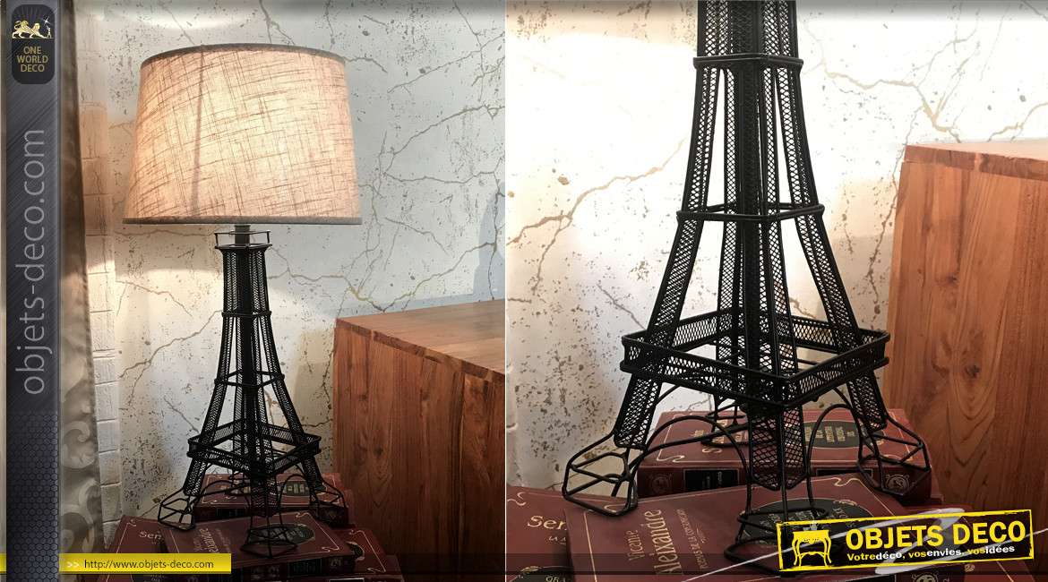 Lampe de table originale en métal finition noire, forme de tour Eiffel avec abat jour couleur lin, 60cm