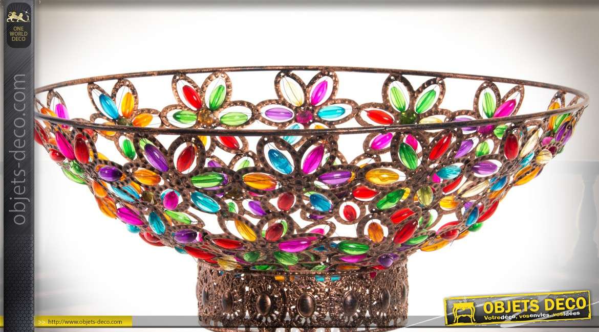Centre de table oriental en métal cuivré ajouré à motifs floraux multicolores Ø 42 cm