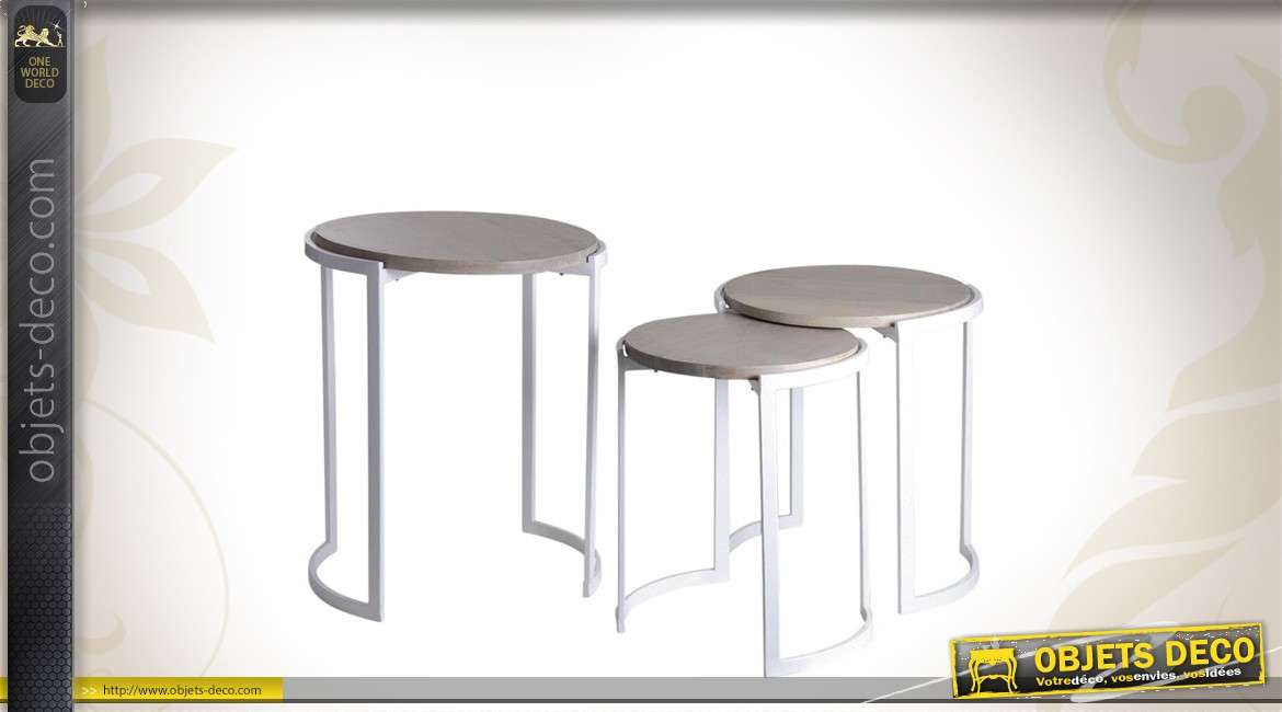 Série de 3 tables gigognes bois et métal coloris blanc