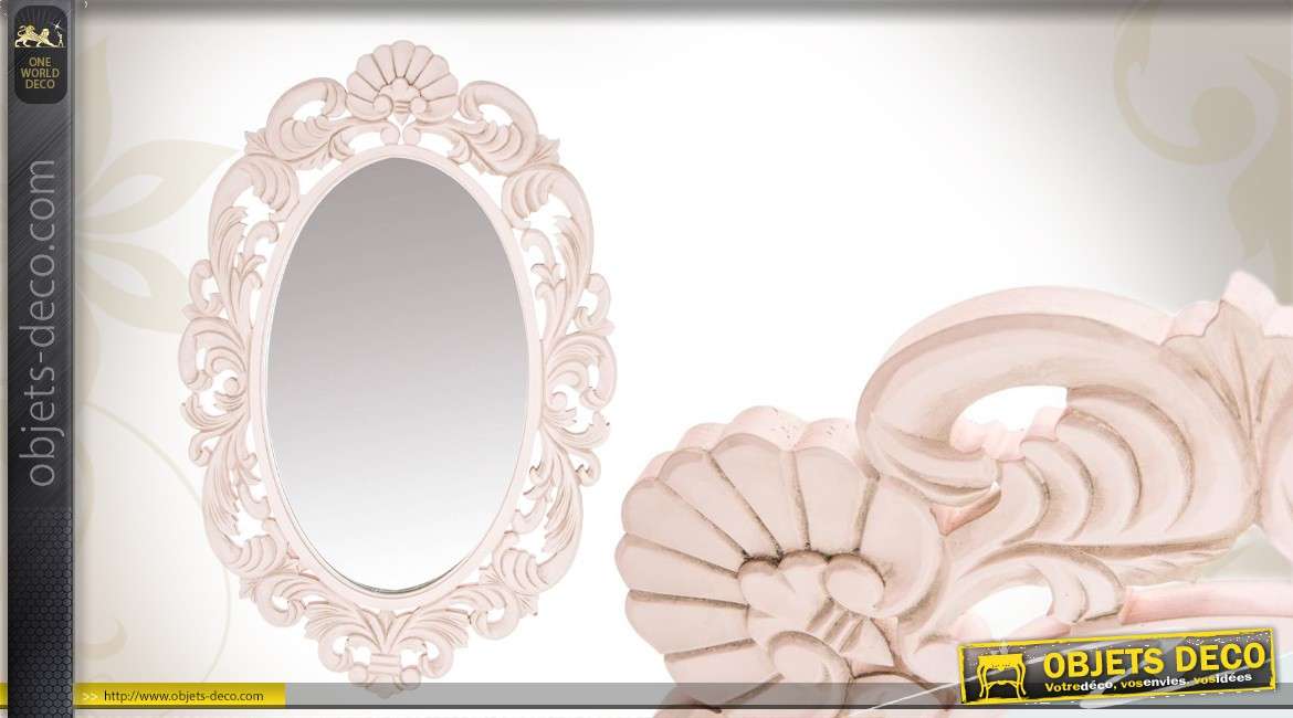 Miroir romantique ovale en bois sculpté coloris blanc