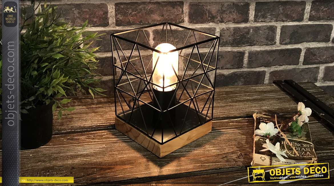 Lampe en métal noir style filaments et base en bois finition naturel 13x13