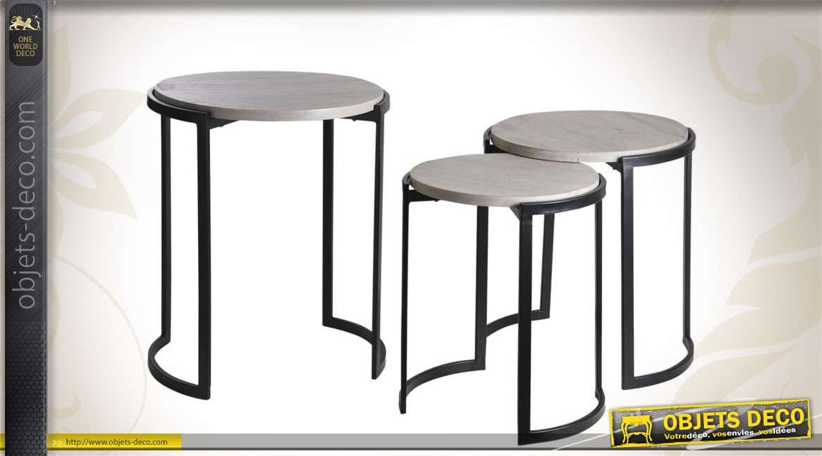 Série de 3 tables gigognes bois et métal coloris noir