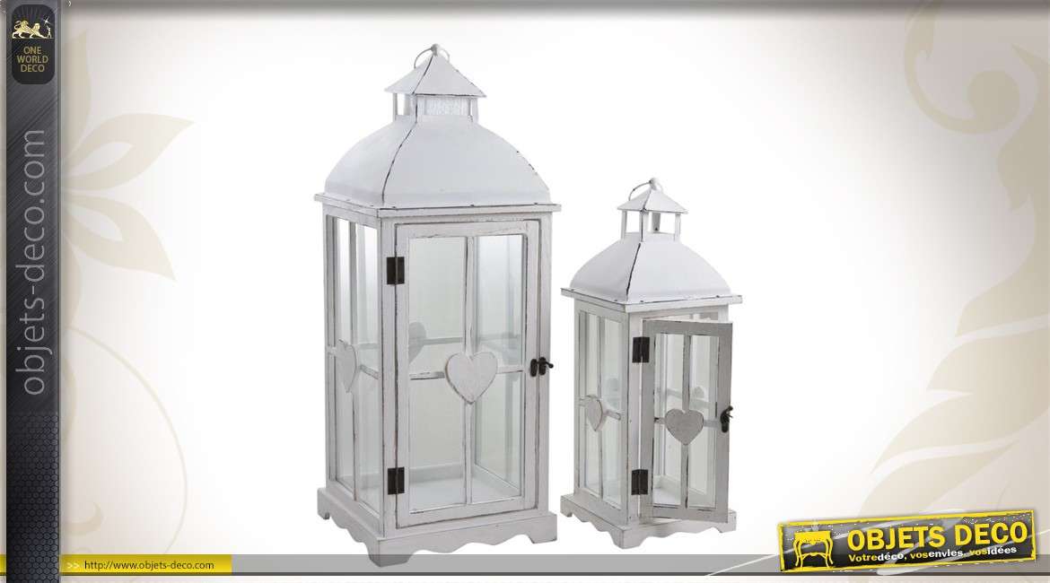 Série de 2 lanternes en bois coloris blanc