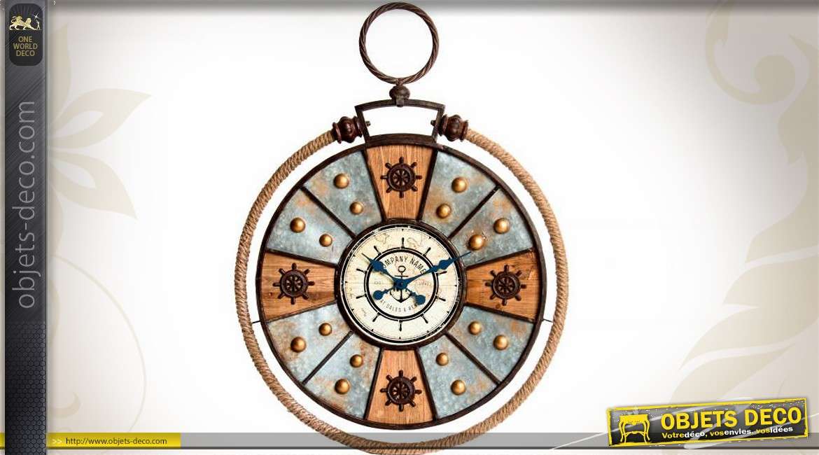 Horloge en bois et métal style rétro et déco marine 104 cm