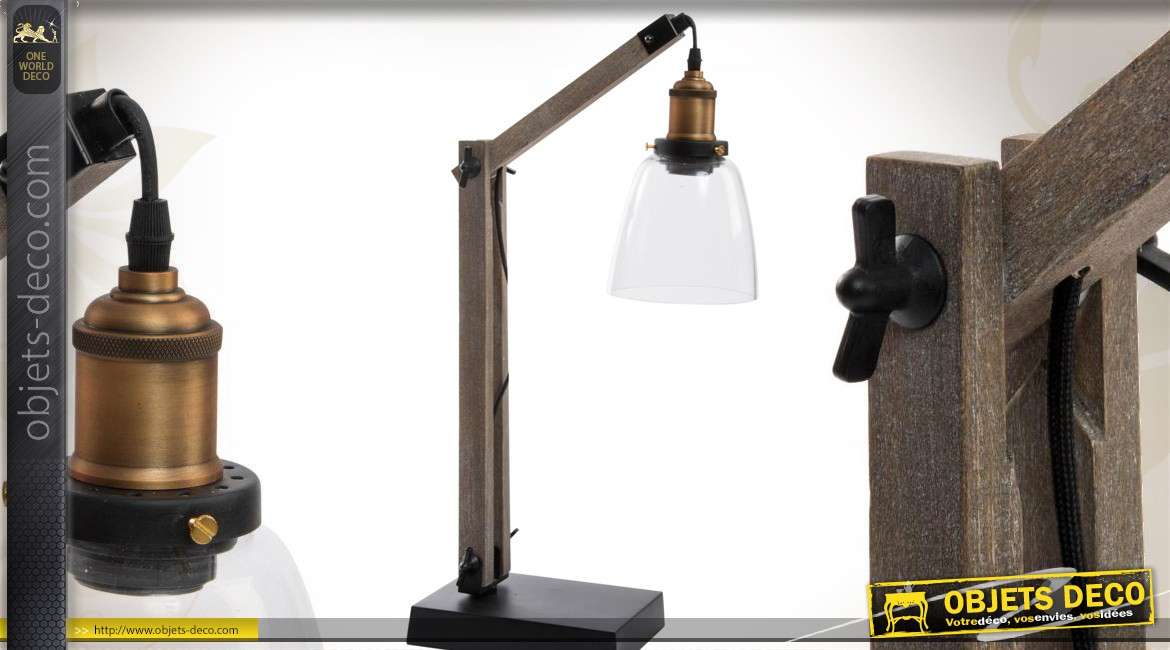 Lampe d'atelier rétro en bois, métal et verre 60 cm