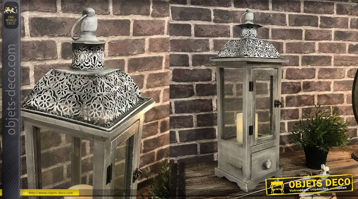 Lanterne décorative en bois et métal 59 cm coloris gris patiné