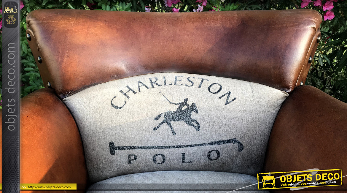 Fauteuil club Charleston Polo, en cuir et coton de style vintage, finition effet ancien, 86cm