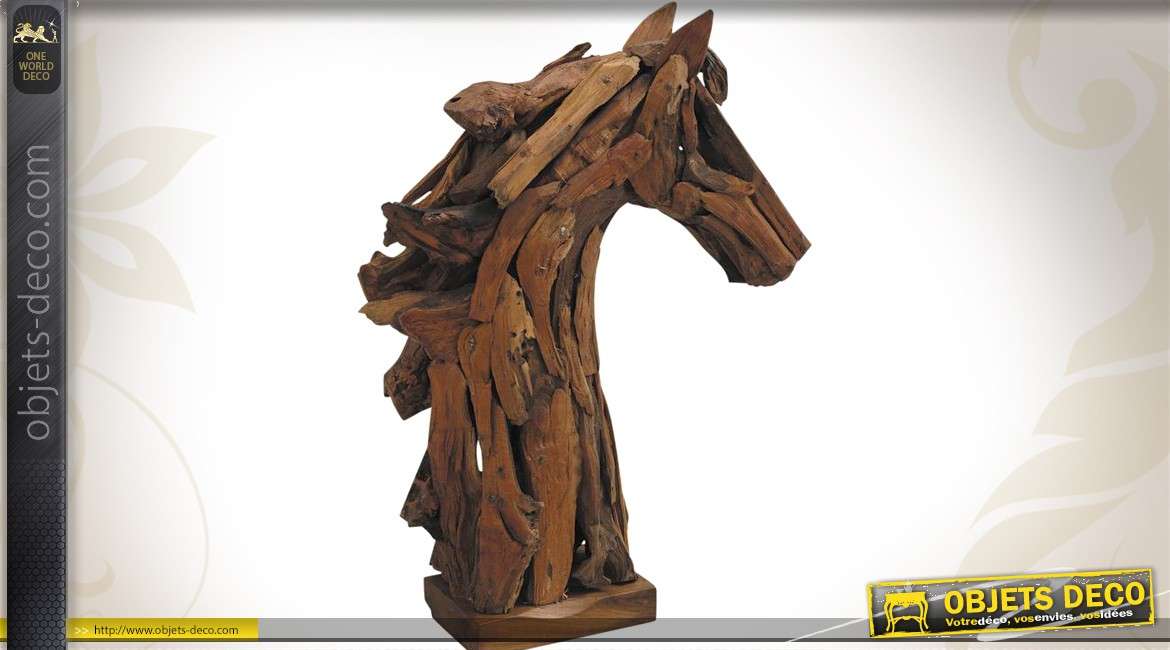 Sculpture artisanale en teck recyclé : Tête de cheval 104 cm