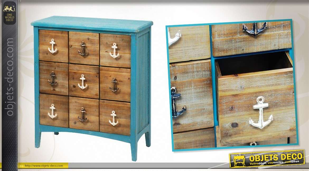 Commode à 9 tiroirs coloris bois et turquoise style Bord de Mer
