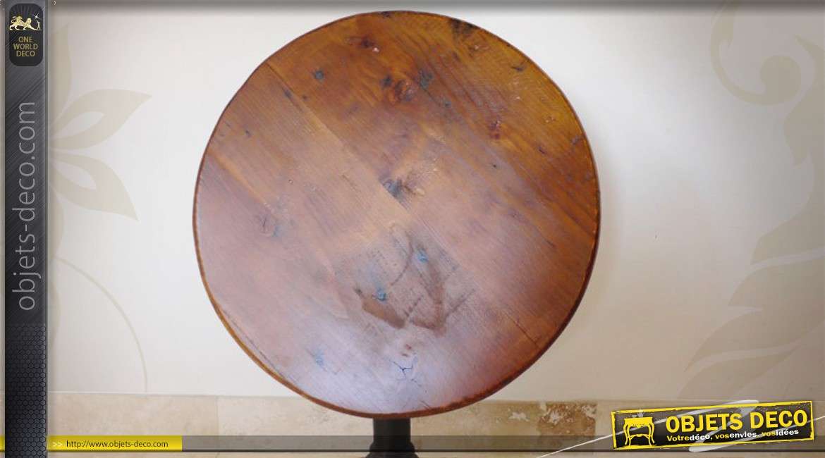 Table ronde ancienne en bois et métal à plateau basculant