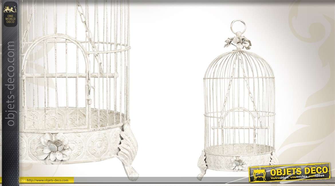 Cage à oiseaux romantique en métal patiné blanc