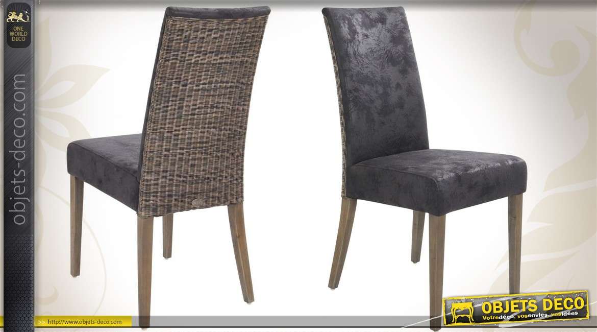 Chaise de table en teck, rotin et suédine coloris gris