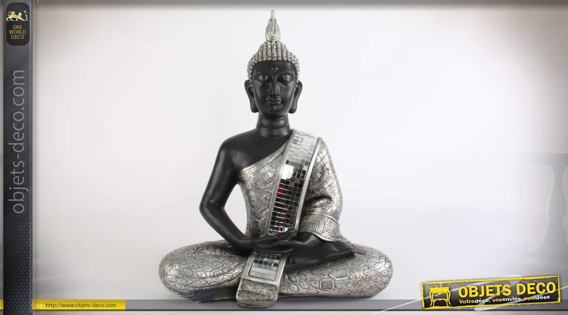 Statuette de bouddha argenté assis 61 cm avec frise en miroirs