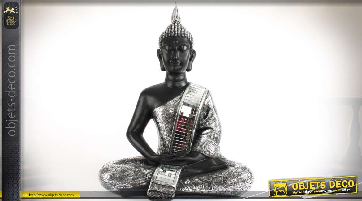 Statuette de bouddha assis en position du lotus finition argentée et miroirs 61 cm